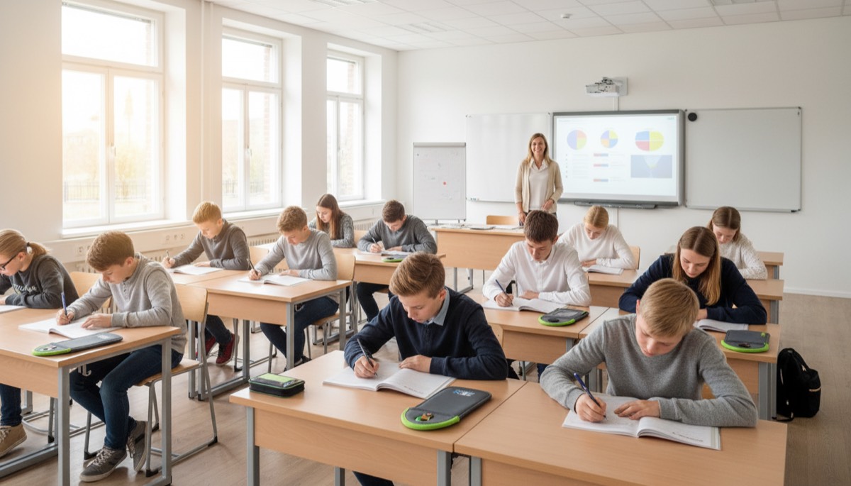Students in a German classroom with phones in ZenLocked pouches