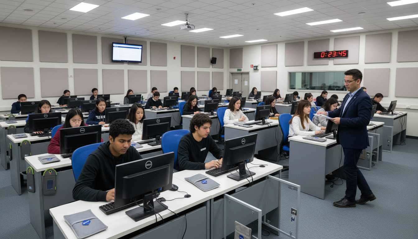 Students in an exam hall with phones locked in ZenLocked pouches
