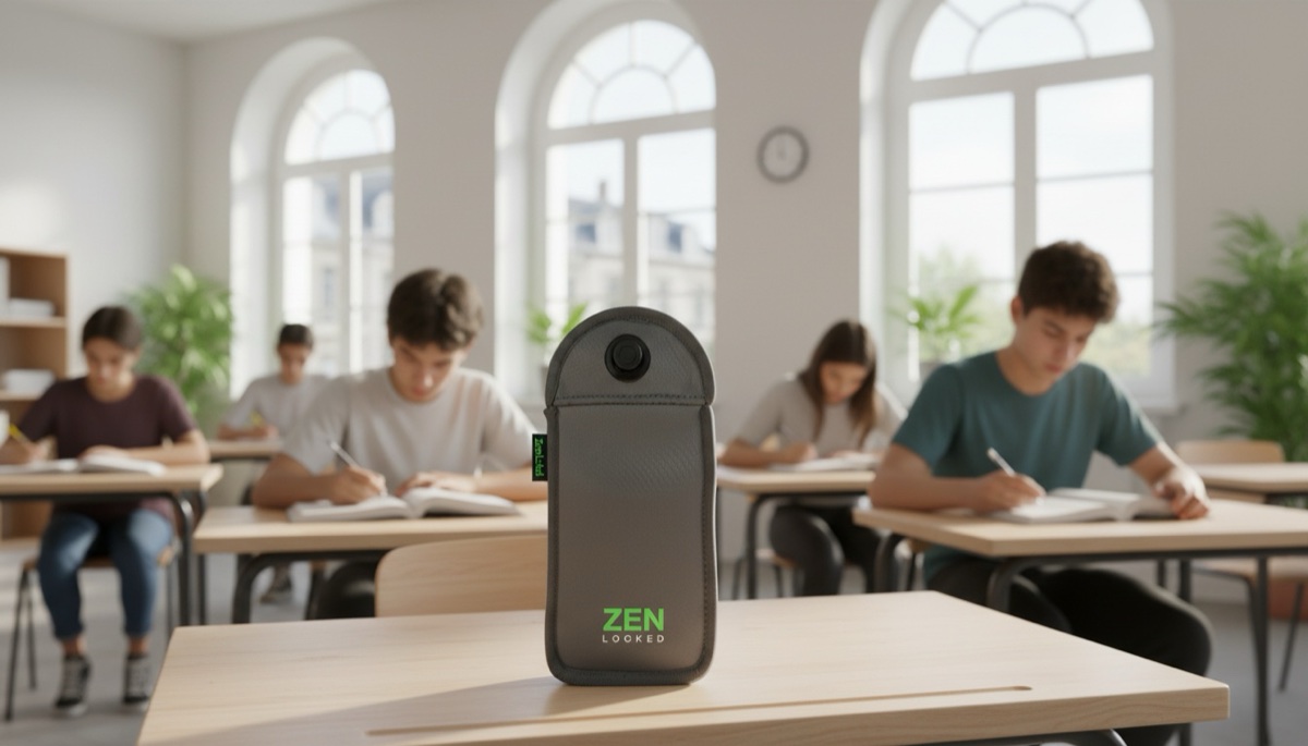 Calm European classroom with students reading and focused, phones stored away