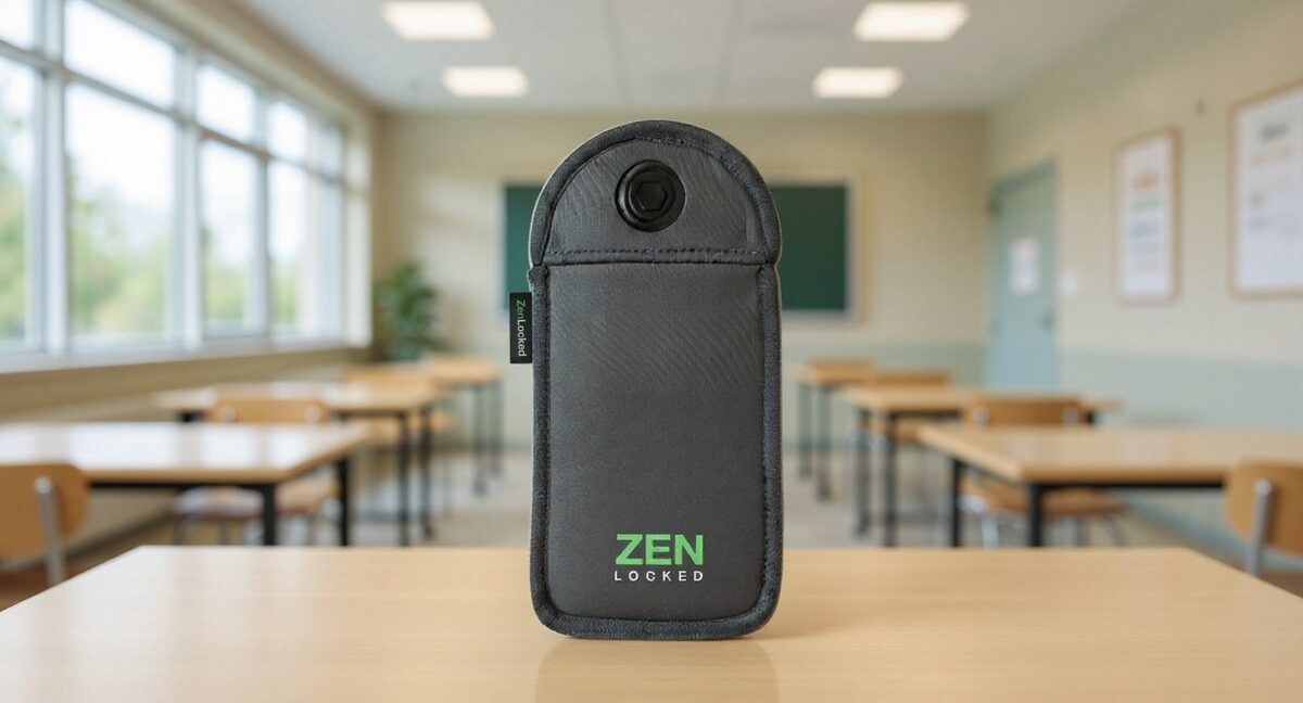 A lockable phone pouch for schools next to a base unlocking magnet