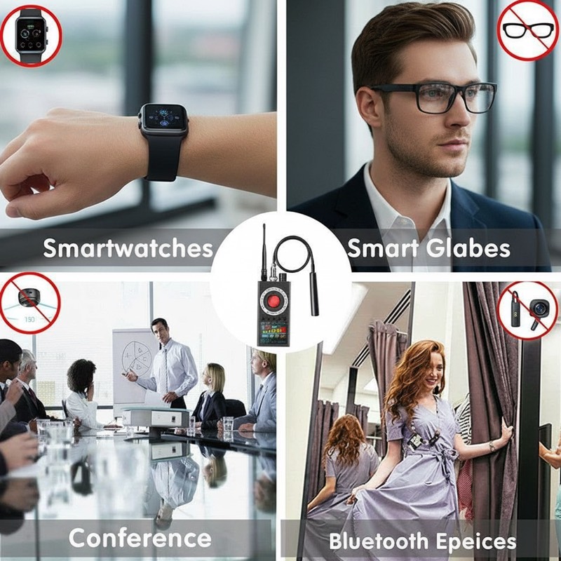 K19 RF detector LCD display showing signal strength for 5G phone and smartwatch detection